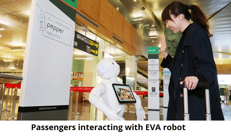 Passengers interacting with EVA robot