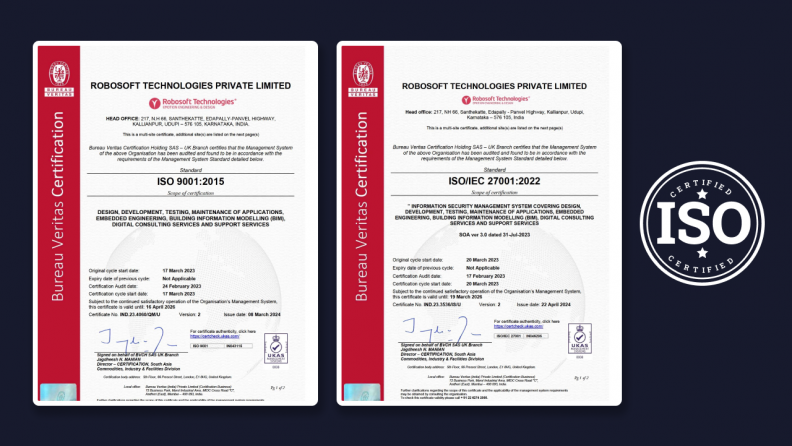 Robosoft awarded with ISO 9001:2015 and ISO/IEC 27001:2022
